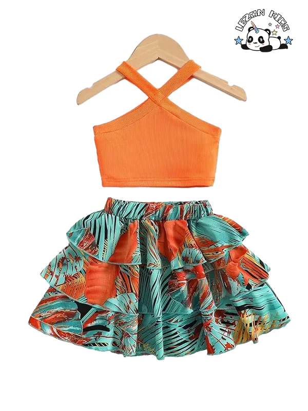 LEZONKIDS - Customizable Wholesale High Quality Orange Sleeveless T-shirt and Pattern Printing Skirt  2pcs Girls Clothing Sets